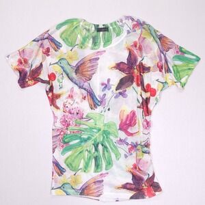 Inoah Womens Hummingbird Tropical Floral Mesh Knit Ruched Dolman Top‎ Medium USA